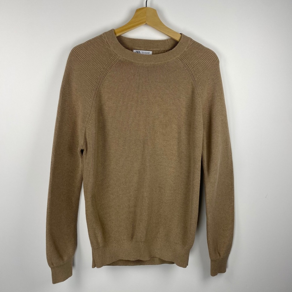 Zara Sweater Mens Medium Tan Ribbed Knit Crew Neck Raglan Minimalist Basic